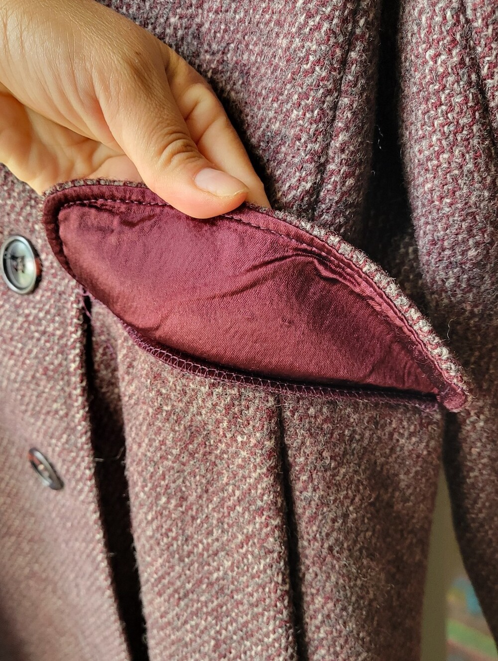 VTG Bromleigh burgundy button Tweed Wool Double Breasted Military Coat USA Med - Picture 7 of 13